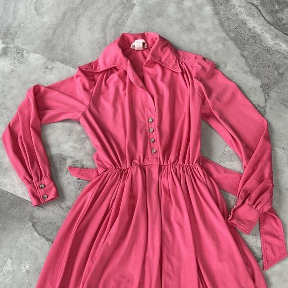 Leslie J Vintage 70s Union Made Pink Mod‎ Style Dress Small 5-6 Spread Collar - Picture 4 of 11